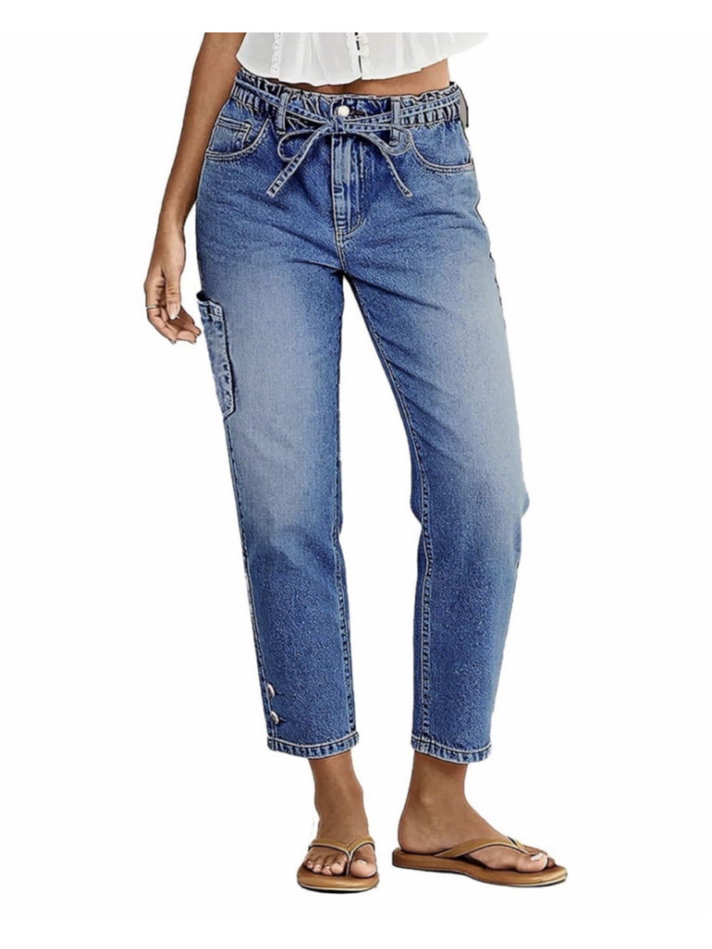 Flamingals Straight Leg Cropped Jeans Mid Rise Button Hem Stretchy 2XL
